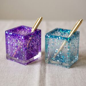 Lapicero / Portapinceles Cúbico de Resina con Glitter Holográfico